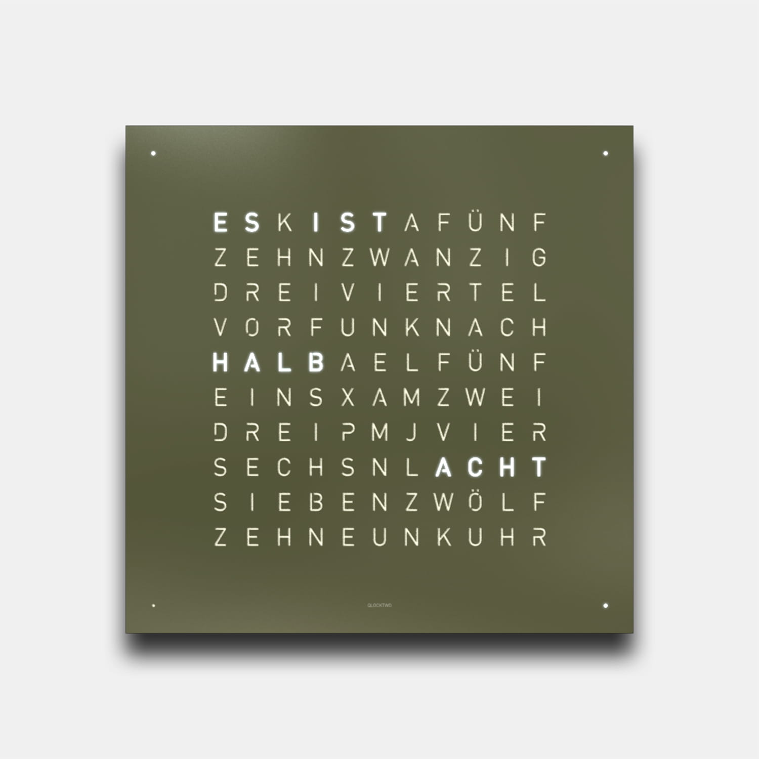 QLOCKTWO EARTH 90 Olive – Weißer Korpus Produktbild main 0